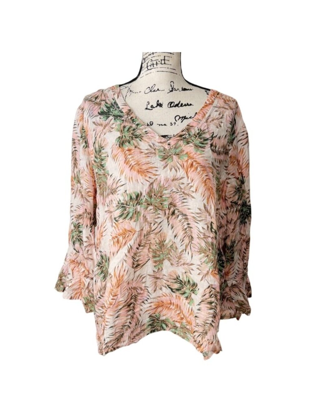 J. Jill Love Linen Womens Size L Top Pink Green Palm Print V-Neck Tropical